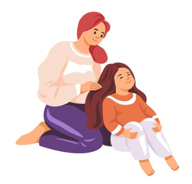 Annem kızının saçını tarıyor. Düz bir şekilde vektör illüstrasyonu. Beyaz arkaplanda izole.