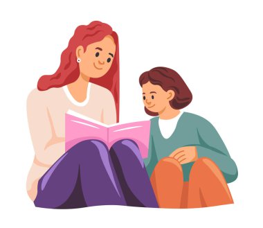 Anne ve kızı diz çökmüş bir şekilde oturup kitap okuyor ve gülümsüyor. Düz bir şekilde vektör illüstrasyonu. Beyaz arkaplanda izole.