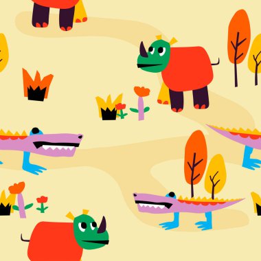 Çocuklar doğanın, hayvanların ve biyolojik çeşitliliğin kağıt işidir. Gergedan ve timsah çiçekleri ve çalılar, orman ağaçları. Kusursuz desen, duvar kâğıdı baskı arkaplanı. Düz biçimli vektör