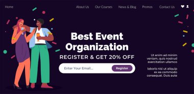 Organizasyon ve parti planlaması, kutlama ve özel bir durum. İndirim almak için kayıt ol. İnsanlar kutlama yapıyor ve şarap içiyor. Web sitesi iniş sayfası, internet sitesi. Düz biçimli vektör