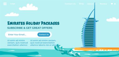 İnternet sitesi üzerinden kitap gezisi ve hafta sonlarınızın keyfini çıkarın. Emirates tatil paketleri, abone olmak ve harika teklifler almak. Ajans konaklama ve güzergah konusunda yardım edecek. İniş sayfası. Düz biçimli vektör