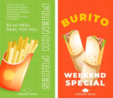 İnternetten restoranlardan ya da dükkanlardan sipariş vermek. Özel fiyata patates kızartması ve burrito, promosyon ve indirim, hafta sonu spesiyali. Reklam afişi ya da reklamcılık. Düz biçimli vektör