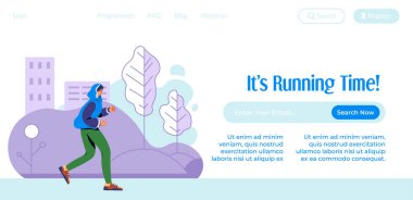 Koşu ve koşu aktivitesi ya da hobi, sağlıklı yaşam tarzı eğlencesi. Parktaki adam kardiyo egzersizi yapıyor. Şimdi seçenekleri ve programları ara. Web sitesi iniş sayfası, internet sitesi. Düz biçimli vektör