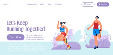 Koşu rutinine başla, koşmaya devam et. Sağlıklı bir yaşam tarzı ve aktif bir vücut şekli. Spor elbiseli kadın ve erkek ısınıyor. Web sitesi iniş sayfası, internet sitesi. Düz biçimli vektör