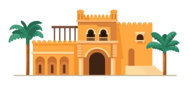 Fas ya da Arap tarihi binaları ve palmiye ağaçları. Kapıları kemer şeklinde olan geleneksel çamurdan tuğlalı evleri olan Orta Doğu Çölü. Gezmek, seyahat etmek ve turizm. Düz biçimli vektör