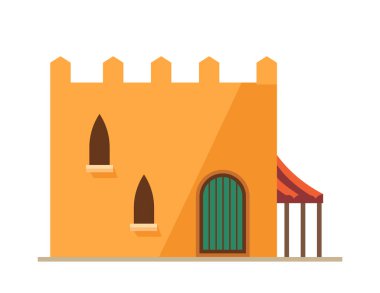 Kemerli kapısı ve küçük pencereleri olan Arap çamur evi. Çatısı düzlemli ve sütunları olan mimari bir bina. Geleneksel Ortadoğu konutu tepe örtüsüyle yaşamak için. Düz biçimli vektör