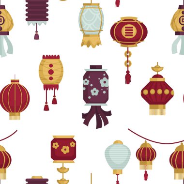 Asya tekniğinde lambalar ve fenerler. Ambalaj kağıdı için Ay Yeni Yıl dekorasyonu tasarımı. Geleneksel çelenkler. Kusursuz desen, arka plan izi ya da duvar kağıdı. Düz biçimli vektör