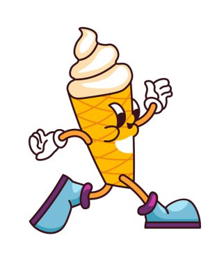 Retro dondurma külahı karakteri yürüyor. İzole edilmiş tatlı yemek maskotu, eldivenli ve ayakkabılı. Sosyal medya için karikatür tatlı çizimi. Emoji, simge ya da çıkartma. Düz biçimli vektör