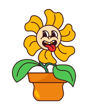 Dili dışarı çıkmış komik ağızlıklı, uçuk bir bitki karakteri. Esrarda izole edilmiş komik çiçek kişiliği. Etiket ya da emoji, sosyal medya için simge ya da çıkartma. Düz biçimli vektör