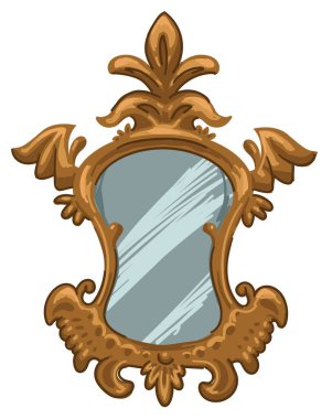 Ahşap ya da metal çerçeveli, altın oymalı ve zarif süslemeli klasik ayna. Yapraklar ve yapraklar, Victoria dönemi ya da rokoko dönemi. Ev dekorasyonu için lüks bir dekor. Düz biçimli vektör