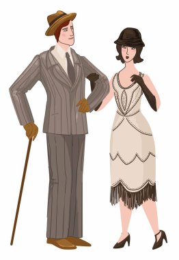 Erkek ve kadın retro kıyafetler giyiyor, resmi takım elbiseli, şapkalı ve değnekli bir erkek. Hafif elbiseli ve başlıklı kadın karakter. Viktorya dönemindeki insanların modası ve görünüşü. Düz biçimli vektör