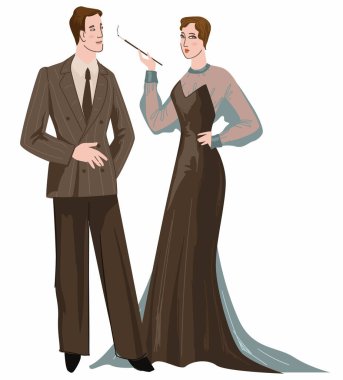 Erkek ve kadın karakter 1930 'larda geleneksel kıyafetler giyiyordu. Sigara içen kadın ve kendine güvenen erkek, bir çift sevgili ya da karı koca. Retro film yıldızları. Düz biçimli vektör