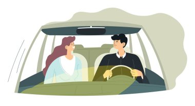 Arabayla gezintiye çıkan çift, erkek ve kadın karakterler otomobil sürüp konuşuyorlar ve iletişim kuruyorlar. Erkek ve kadın, erkek ve kız kardeş veya direksiyondaki arkadaşlar. Düz biçimli vektör