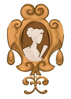 Victoria devrinde altın değerinde mücevherler. Kadın portresiyle izole edilmiş bir broş. Antika hazineler, mücevherler, antika hediyeler ve üsler. Eski moda ya da eski moda. Düz biçimli vektör