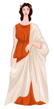 Outfit of antique people in roman empire , isolated female character wearing dress or long robe. Woman representing clothes in rome, antiquity and ancient look and fashion. Vector in flat style