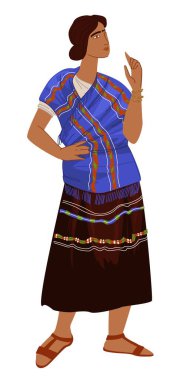 Female character wearing traditional mayan dress with skirt. Isolated woman living in maya period, old civilization, customs and habits. Representation of clothes and suits. Vector in flat style