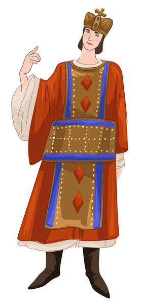 Prince or kin, male character wearing crown and luxurious expensive costume. Man of Byzantine times, ancient clothes and people. History and traditional outfits in past. Vector in flat style