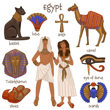 Culture and traditions of ancient Egypt, isolated man and woman wearing antique clothes. Camel mammal and cat deity, scarab and shoes ankh and eye of horus, lotus and tutankhamen. Vector in flat style