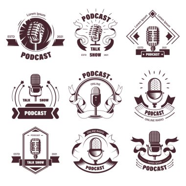 Vintage podcasts and symbols with vintage microphones. Isolated labels, communication and telling stories on radio, giving interview. Entertainment and records, webinars and shows. Vector in flat