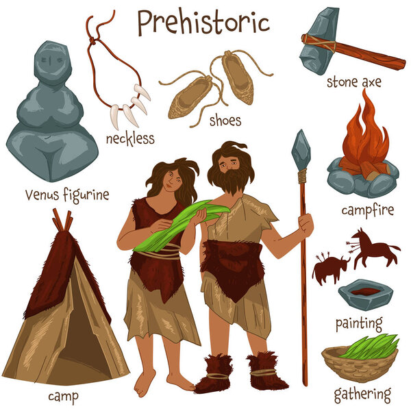 People living in prehistoric times, isolated man and woman wearing clothes and fur. Spears and personal belonging, cavemen and campfire, shoes and necklace, venus statue. Vector in flat style