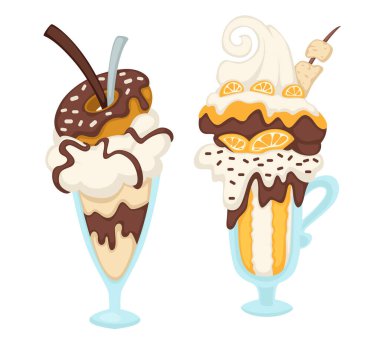 Kurabiyeli tatlı, jöleli ve portakal dilimli. Kafede ya da restoranda lezzetli yemekler, çocuklar için sağlıklı yemekler. Dondurma, krema, krema ve çikolatalı krema. Düz biçimli vektör