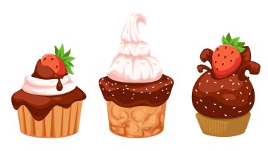Kafede, restoranlarda ya da fırınlarda tatlı ve tatlılar. Ayrı kurabiyeler ya da kremalı bisküviler, çikolata ve çilek. Lezzetli yemekler, kekler ya da kekler. Düz biçimli vektör