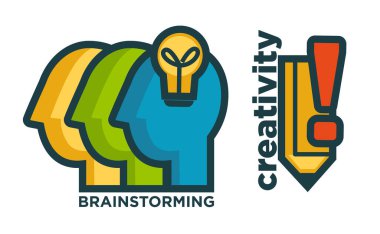 Kabarcık lambalı siluetler ve ünlem işaretli kalemler. Yaratıcı düşünme ya da öğrenme, ilham ve zihin gücü. Beyin fırtınası yaratıcılık logosu. Düz biçimli vektör