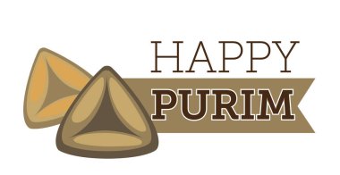 Khomentash 'lı Purim ambleminiz kutlu olsun. Purim için pişirilmiş kurabiyeler. Omentashen ya da Amans kulaklı Yahudi dini bayramı için izole pankart. Yahudilik, din ve faaliyetler. Düz biçimli vektör