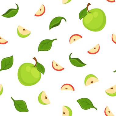 Dallı ve yapraklı olgun elmalar. Çiftliklerden gelen organik ve doğal ürünler, yemek pişirmek için dilimlenmiş lezzetli malzemeler. Kusursuz desen, duvar kağıdı arkaplan izi. Düz biçimli vektör