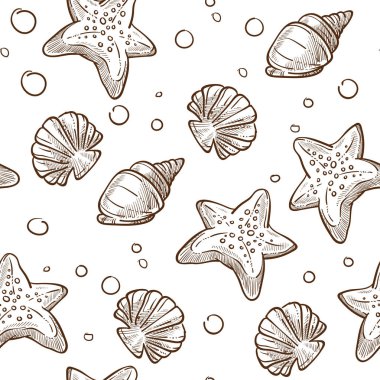 Deniz ve okyanus yaşamı, izole deniz kabukları ve deniz yıldızları, kabarcıklar ve su altı dekorları. Tek renkli kabuklu taslak çizimi. Kusursuz desen, duvar kağıdı arkaplan izi. Düz biçimli vektör