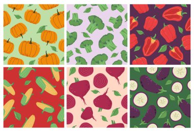 Doğal sebzelerle dekoratif desen oluşturuldu. Arka plan dekorasyon koleksiyonunda renkli düz gıda unsurları, vektör illüstrasyonu. Kusursuz pankart tasarımında ham malzemeler