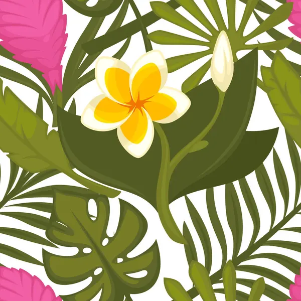 Tropical leaves and flowers decoration. Exotic flower with petals and stem, monstera foliage and banana leafage. Palm tree decor. Seamless pattern, wallpaper background print. Vector in flat style