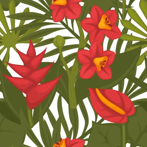Blooming red flowers and exotic foliage composition. Ornamental motif with tropical botany and decoration, blossom and flourishing. Seamless pattern, wallpaper background print. Vector in flat style
