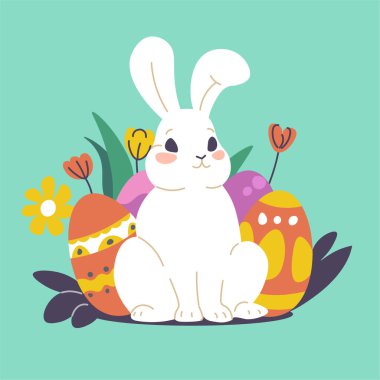 Feast day poster with Easter bunny personage with colorful eggs with ornaments and blooming spring flowers. Holiday for Christians, celebration or greeting card for festive event. Vector in flat style clipart