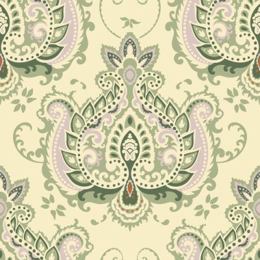 Çiçek açan yapraklar ve çiçekler. Halı, fayans ve diğer dekorasyon malzemeleri için desenli tasarım. Çiçekli tekstil kumaşları. Kusursuz desen, duvar kağıdı izi ya da arka plan. Düz biçimli vektör