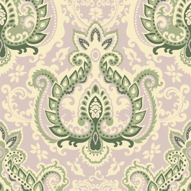 Yapraklar ve çiçek desenleri, çiçekli şal desenli süslemeler ve dalların ve dalların yeşermesi. Klasik süs eşyası. Kusursuz desen, duvar kağıdı izi ya da arka plan. Düz biçimli vektör