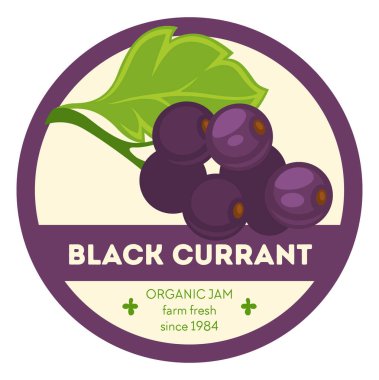 Organik çiftlik taze siyah frenk üzümü reçeli. Tabaklara, hamur işlerine ve kahvaltının enfes bileşenlerine ilave. Meyveli paket için etiket, etiket ya da amblem. Düz biçimli vektör