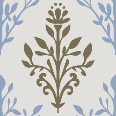 Tomurcuklu ve yapraklı çiçek dalı, yapraklı dal ve yapraklı dal. Çiçek açan süsler ya da desenli motifler. Çalılar ya da çalılar. Kusursuz desen, duvar kağıdı izi ya da arka plan. Düz biçimli vektör