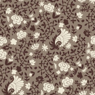 Çiçekler ve yapraklar, dallar ve dallarla çiçek açan ve gelişen bitkiler. Paisley süsü ya da botanik elementli motif. Kusursuz desen, duvar kağıdı izi ya da arka plan. Düz biçimli vektör