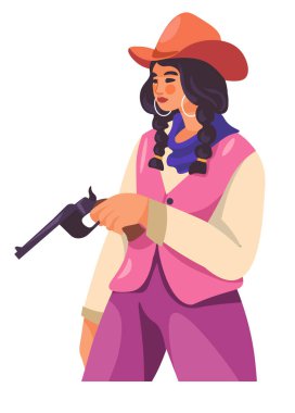 Kadın kovboy kız karakteri, vektör çizimi, beyaz, canlı renklerde izole edilmiş..