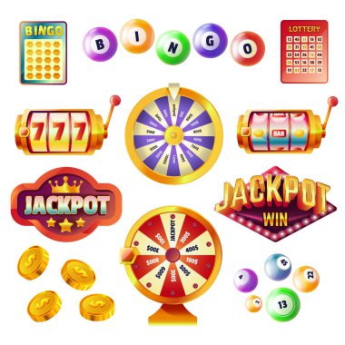 Kumar ve piyango sembollerinden oluşan canlı vektör seti, bingo, kumar makinesi ve şans çarkı, oyun temalı tasarımlar için mükemmel..