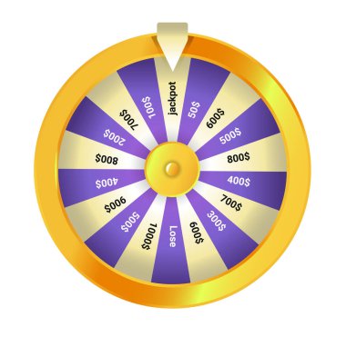 Para ödüllü şans çarkı, beyaz üzerinde izole vektör illüstrasyonu.