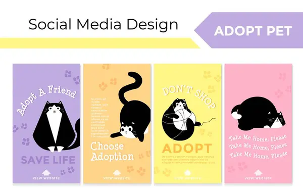 Colorful Network Story Set Pet Adoption Promo Flat Cat Character Wektory Stockowe bez tantiem