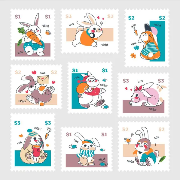 Colorful Post Mark Design Set Cute Bunny Flat Rabbit Character Wektory Stockowe bez tantiem