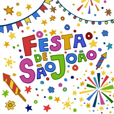 Canlı, renkli bir illüstrasyon Sao Joao 'yu havai fişekler ve şenlikli dekorasyonlarla kutluyor. Olay grafikleri için ideal..