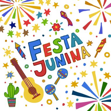 Festa Junina, festival dekorasyonları, müzik ve havai fişeklerle temalı vektör illüstrasyonu kültürel etkinlik promosyonları için harika..