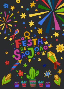 Sao Joao Festivali 'nin renkli süslemeleri ve karanlık gökyüzüne karşı havai fişekleri ile canlı vektör sanatı. Etkinlik tasarımları ve davetiyeleri için mükemmel..