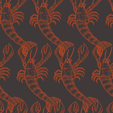 Kırmızı ıstakoz siluetleriyle siyah arkaplan, vektör illüstrasyonu.