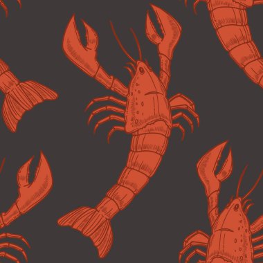 Kırmızı ıstakoz siluetleriyle siyah arkaplan, vektör illüstrasyonu.