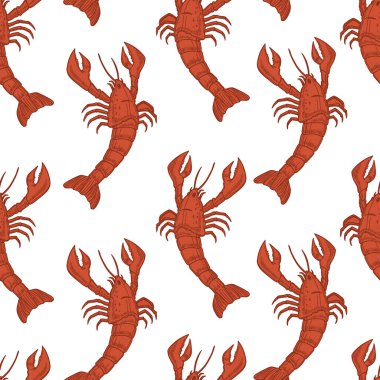 Kırmızı ıstakozlu kusursuz desen, vektör çizimi, kumaş için ideal..